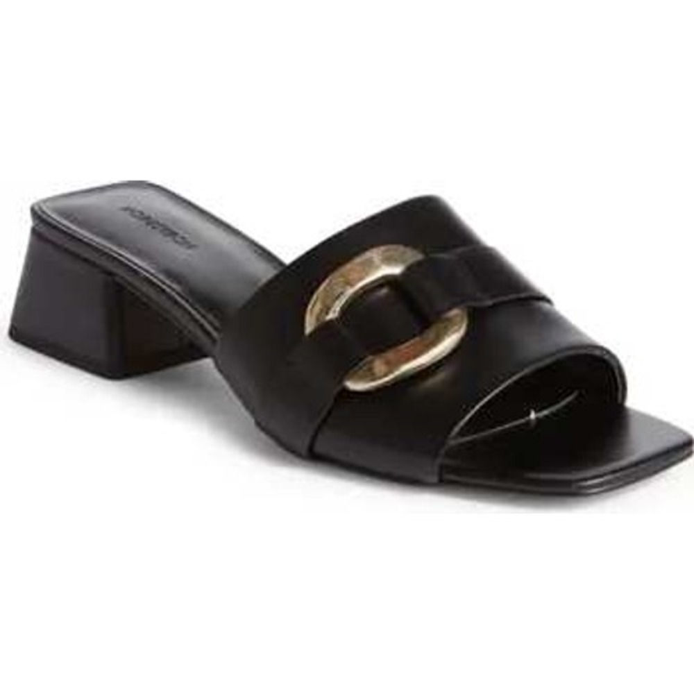 Nordstrom Black Leather Slide Mules with Gold Buckle